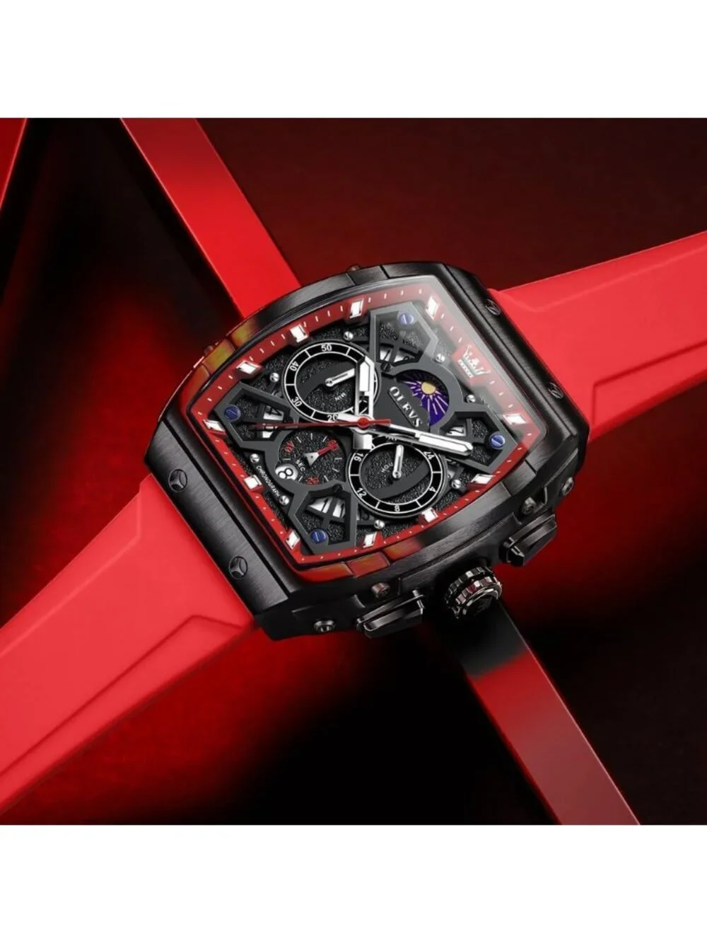 Mens Red Black Chronograph Waterproof Rectangle Moon Phase Luminous Quartz Watch